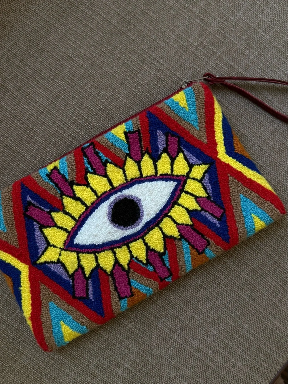 Colorful Stitched Wristlet Clutch with Evil Eye Motif